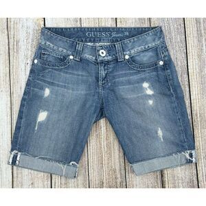 Guess Jeans Denim Shorts Size 29 Bermuda Mid Rise Distressed Frayed Cuff Stretch